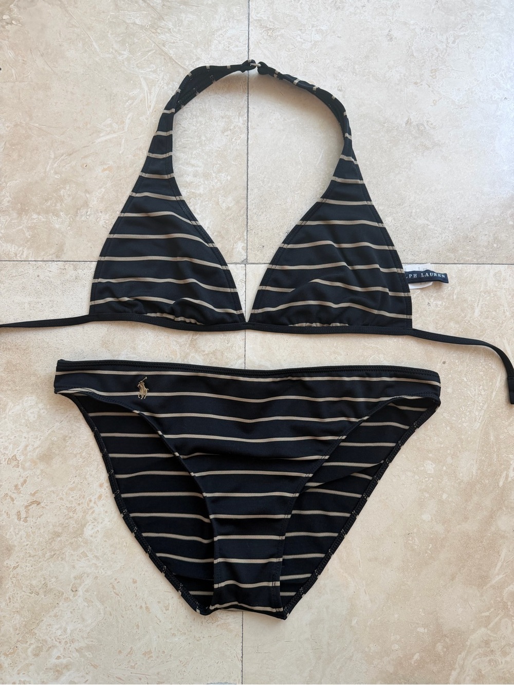 Ralph Lauren Black /Tan Striped Triangle Bikini Set Great Used Condition Size 10